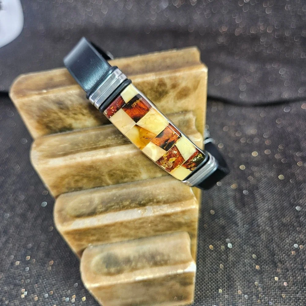 Ewa Plachta Baltic Amber Stainless Steel Leather Checkerboard Bracelet Unisex‎